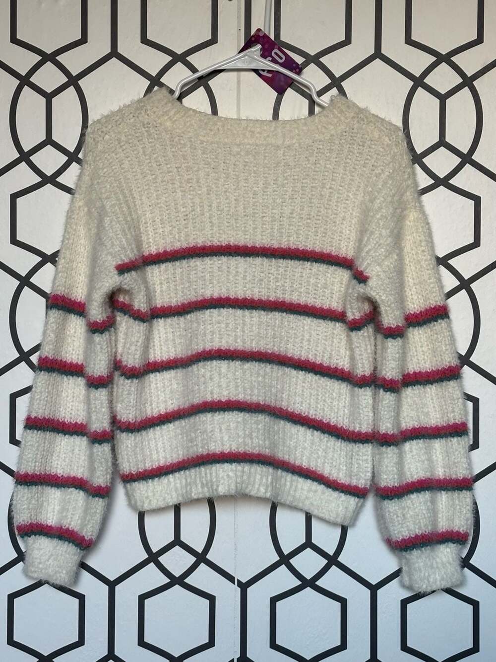 Evsie Girls Fuzzy Striped Knit Sweater Cream/Pink/Green Size XL (13/14)